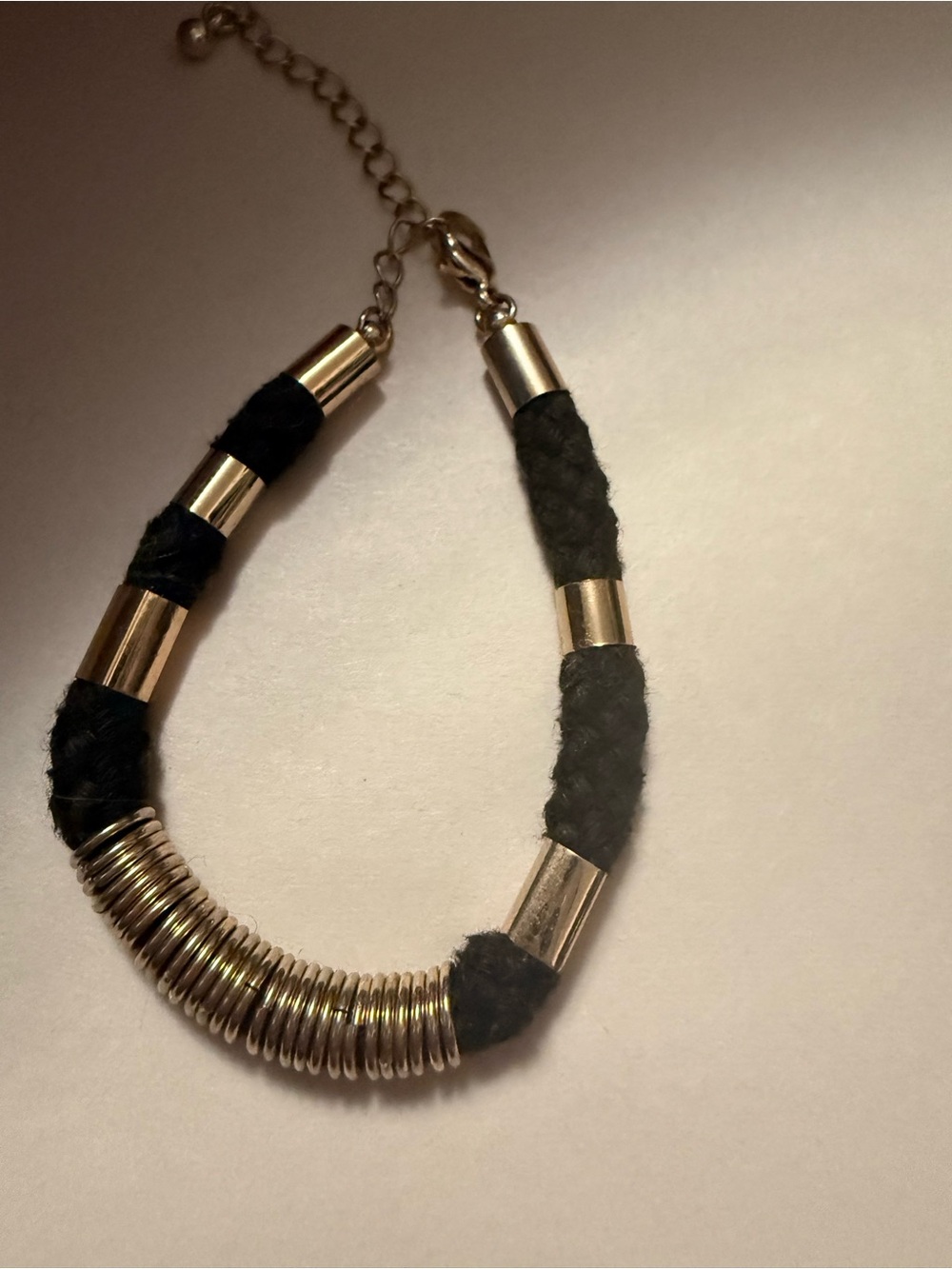 Black Cord Gold Tone Coil Statement Bracelet Mixed Material Adjustable